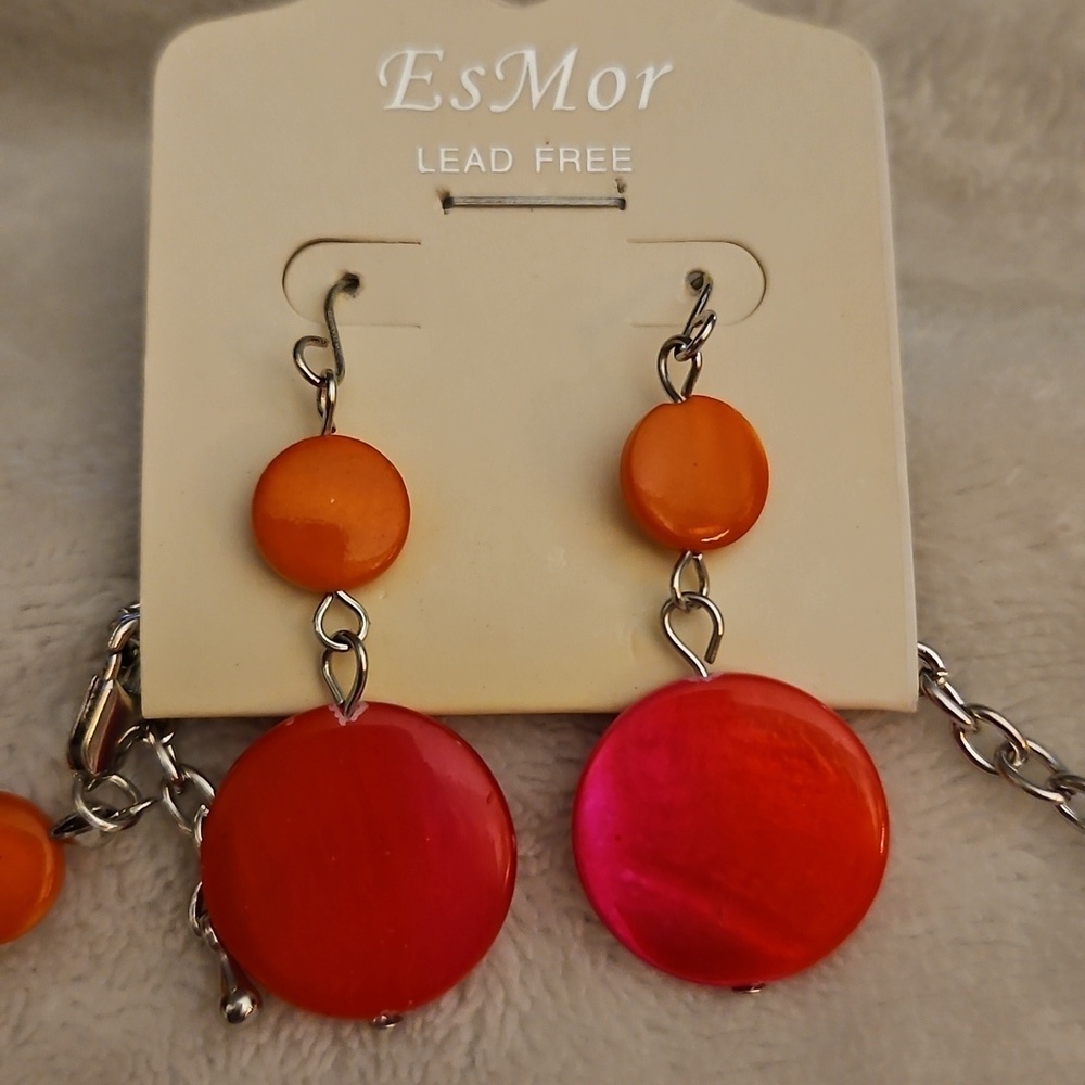 Vtg ES MOR 1980s Neon Hot Pink Circle Floral Shell Necklace and Earring Set - Picture 3 of 7